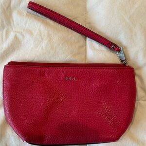 RL RLL Red Wristlet Clutch Wallet Purse Bag 100% m Leather Ralph Lauren Zip
